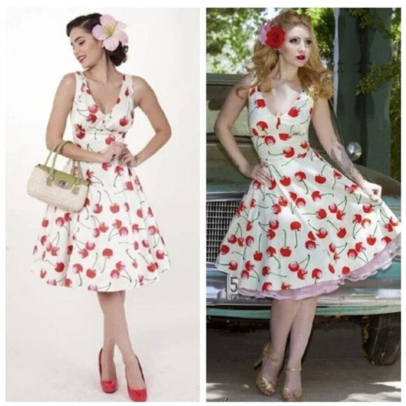Tatyana Cherry V Neck Sleeveless Retro Midi Swing Dress - Picture 1 of 14